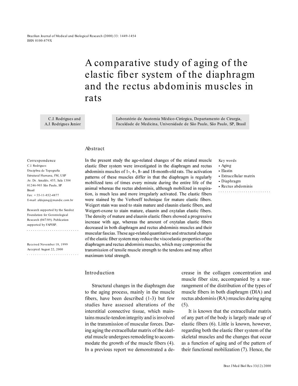 A Comparative Study of Aging of the Elastic Fiber System of the Diaphragm and the Rectus Abdominis Muscles in Rats