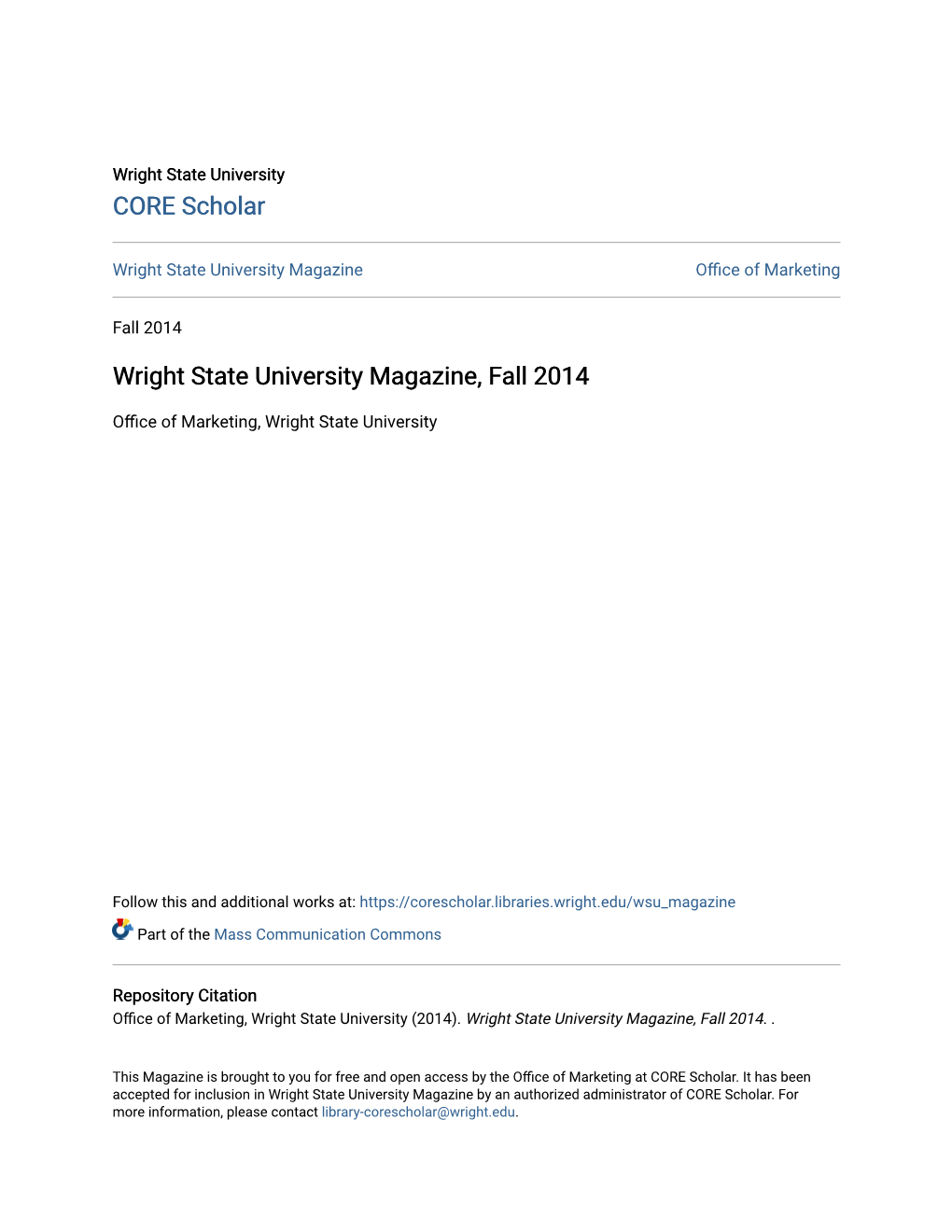 Wright State University Magazine, Fall 2014
