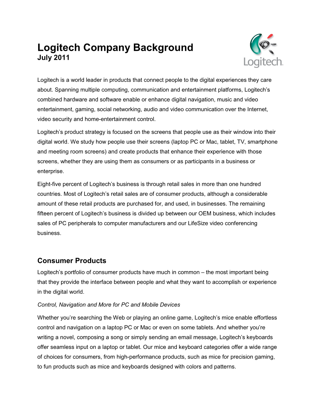 Logitech Company Background July 2011