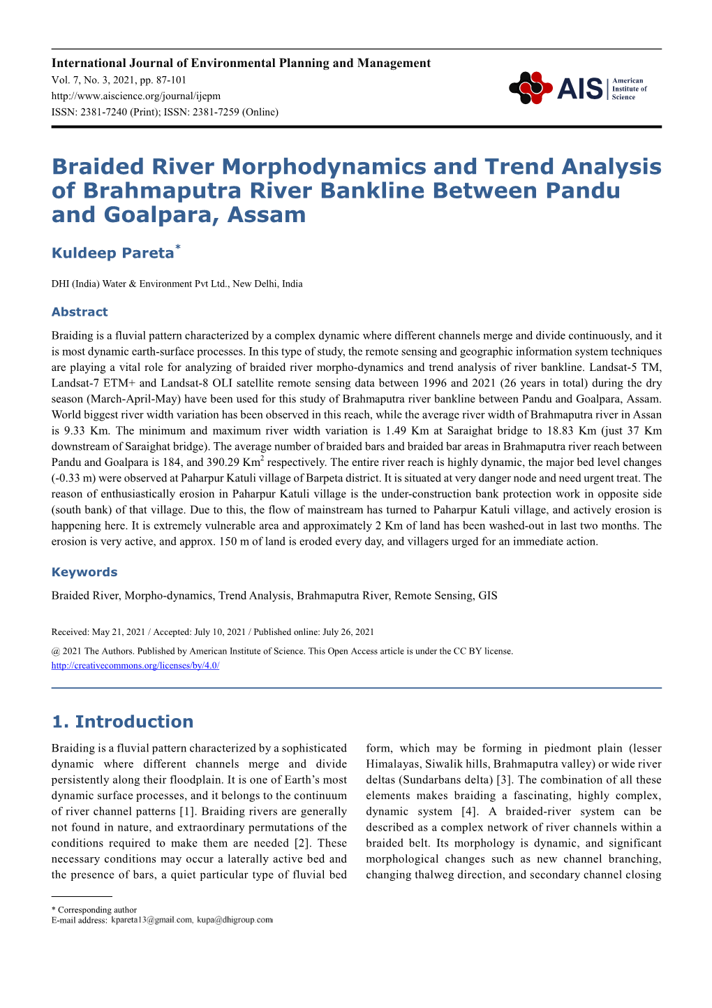 Braided River Morphodynamics and Trend Analysis of Brahmaputra River Bankline Between Pandu and Goalpara, Assam