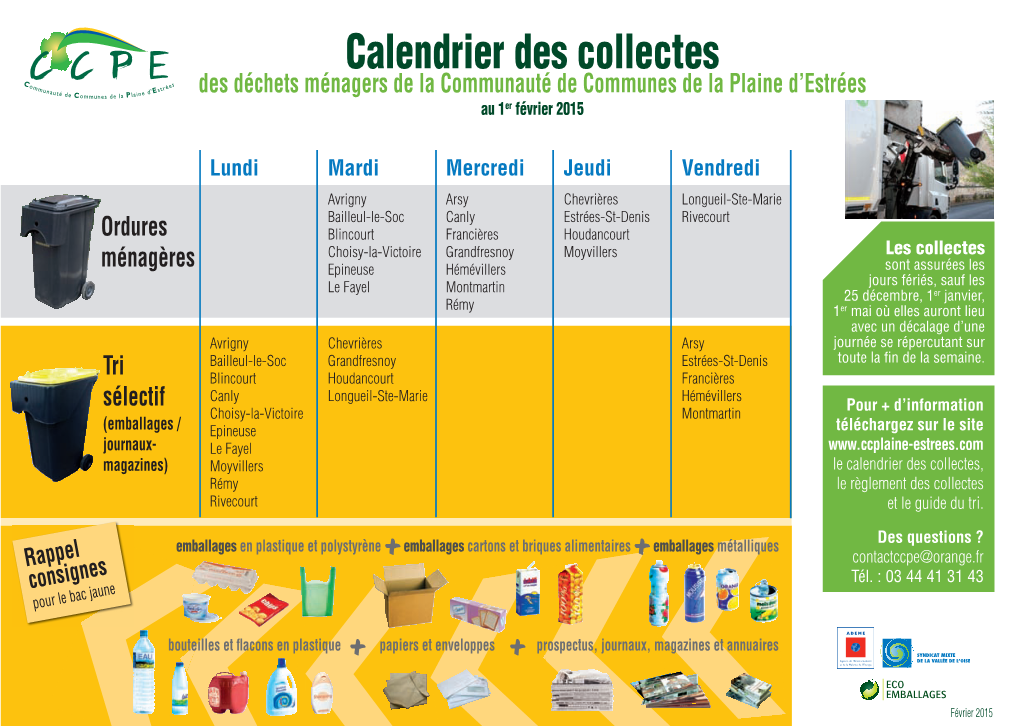 Calendrier Des Collectes Des Déchets Ménagers De La Communauté De Communes De La Plaine D’Estrées Au 1Er Février 2015