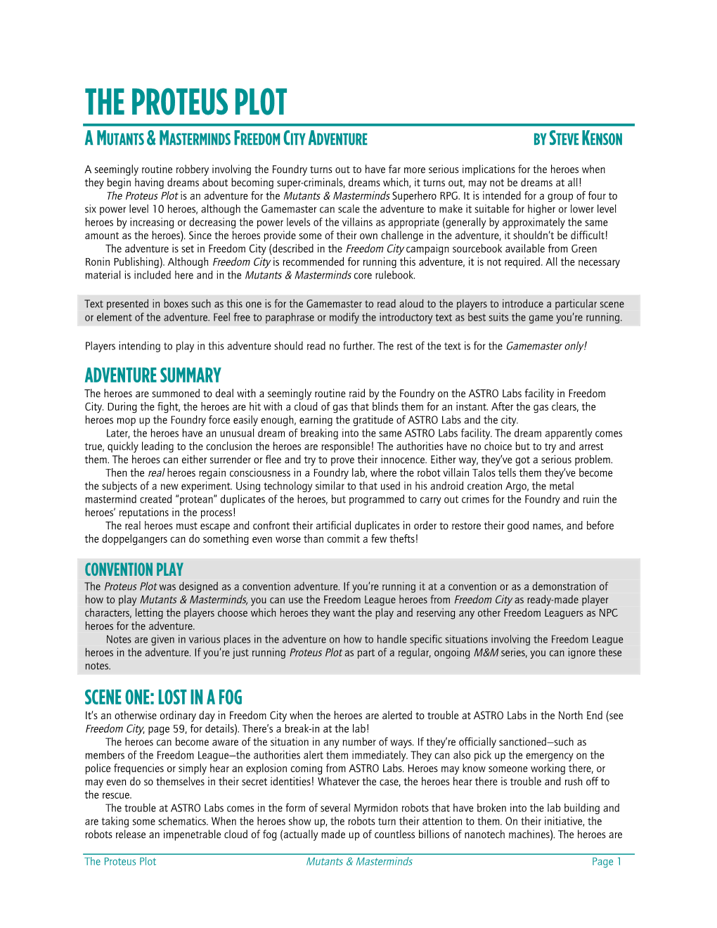 The Proteus Plot a Mutants & Masterminds Freedom City Adventure by Steve Kenson