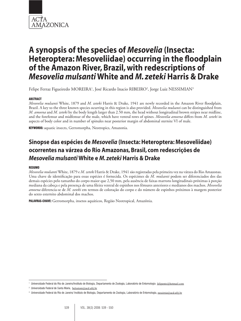 A Synopsis of the Species of Mesovelia(Insecta: Heteroptera