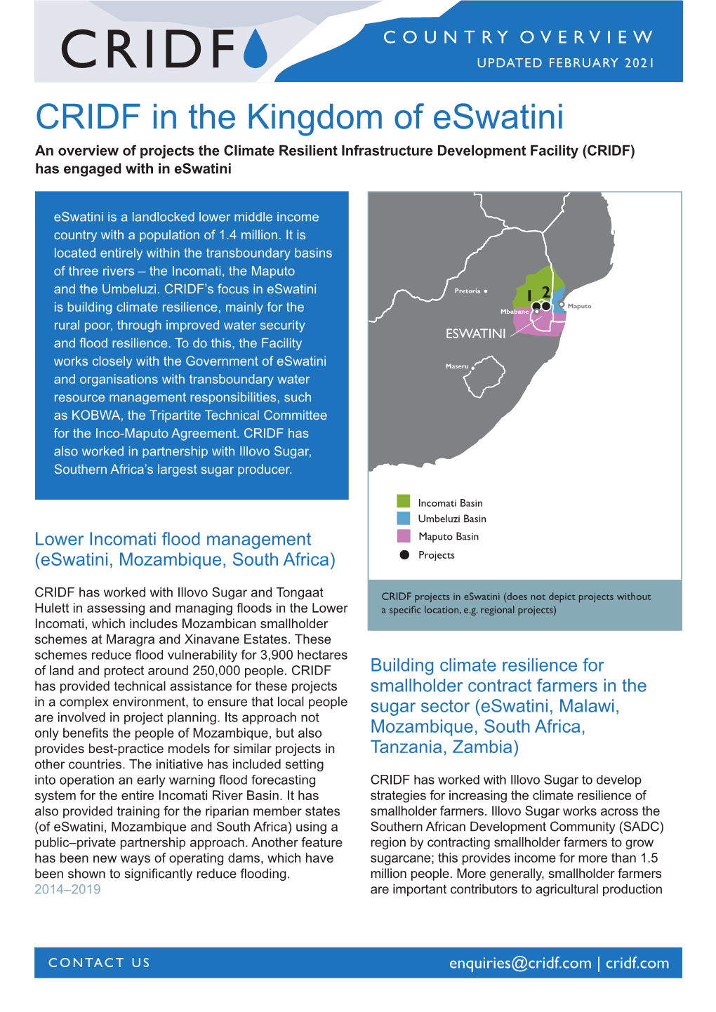 CRIDF in the Kingdom of Eswatini an Overview of Projects the Climate Resilient Infrastructure Development Facility (CRIDF) Has Engaged with in Eswatini