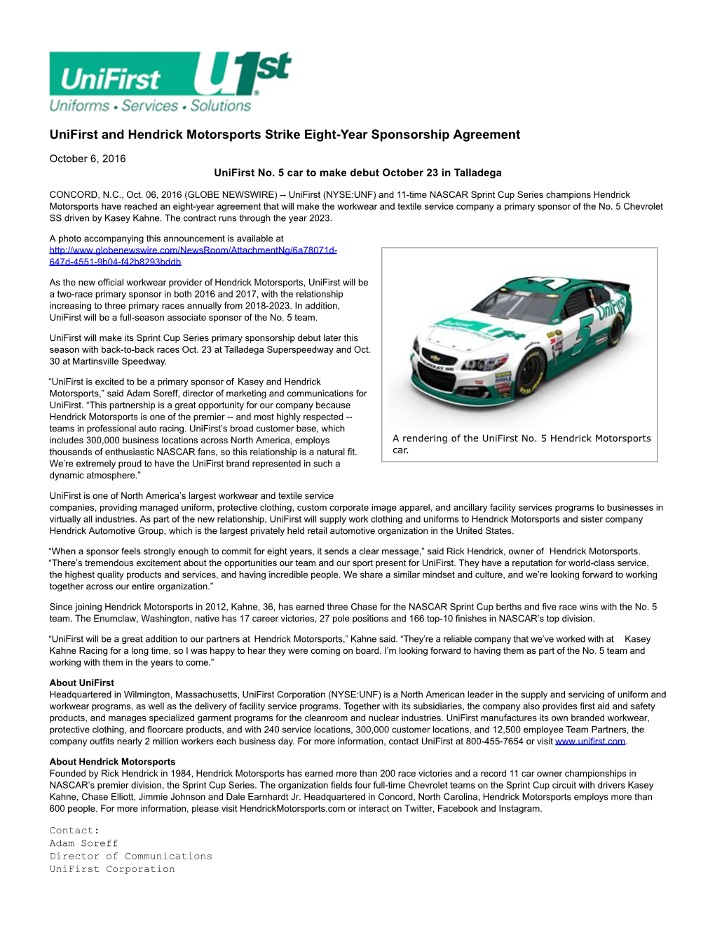 Unifirst and Hendrick Motorsports Strike Eight-Year Sponsorship Agreement