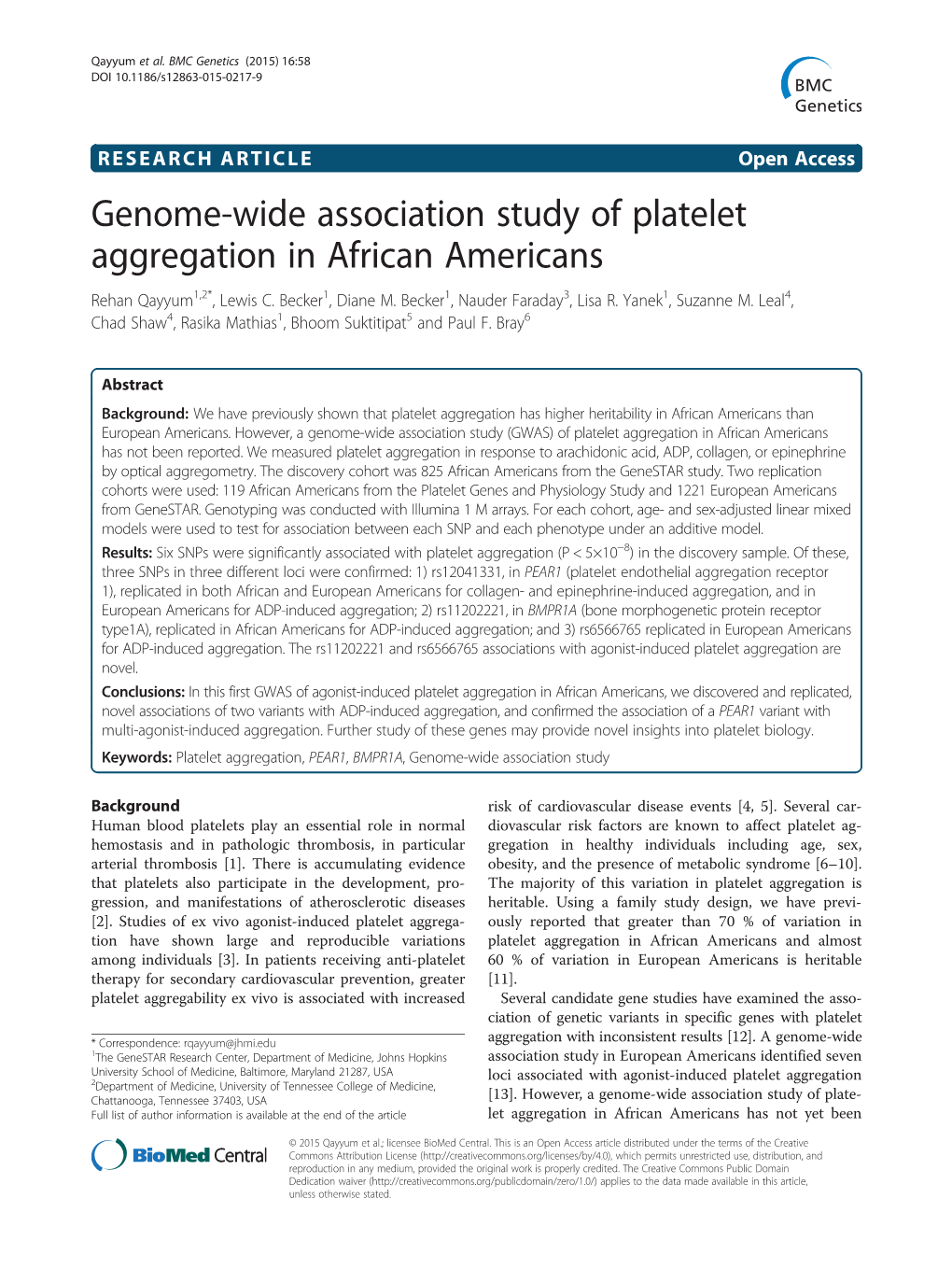 Genome-Wide Association Study of Platelet Aggregation in African Americans Rehan Qayyum1,2*, Lewis C