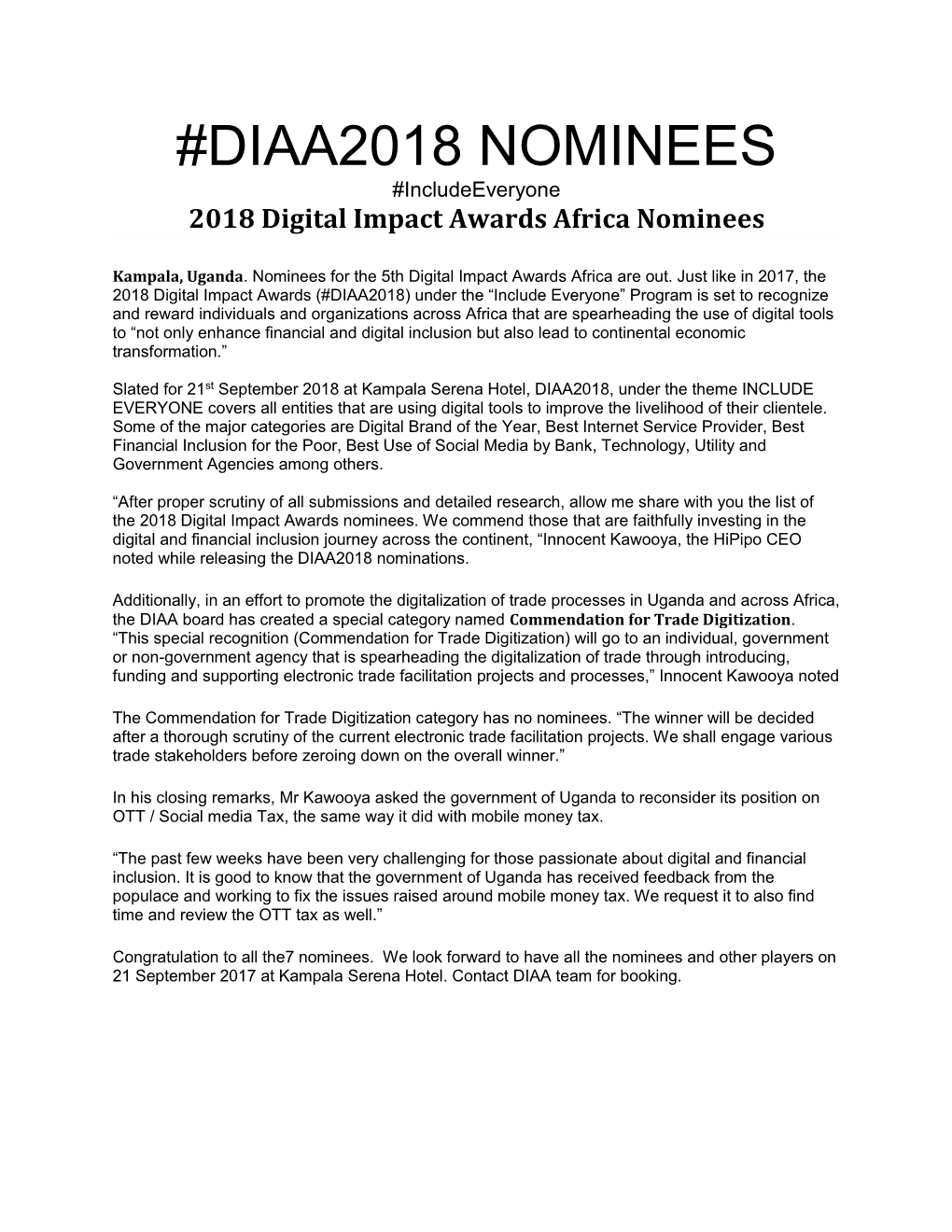 DIAA2018 NOMINEES #Includeeveryone 2018 Digital Impact Awards Africa Nominees