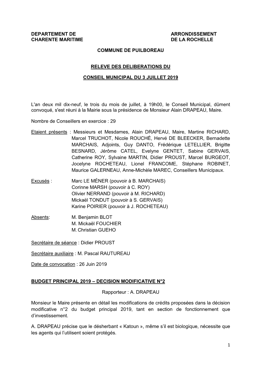 Conseil Municipal Du 3 Juillet 2019