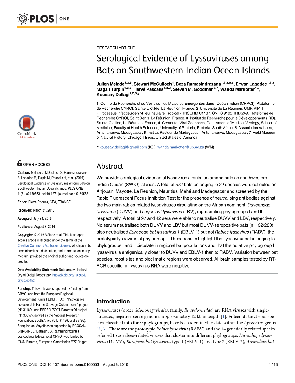 Serological Evidence of Lyssaviruses Among Bats on Southwestern Indian Ocean Islands