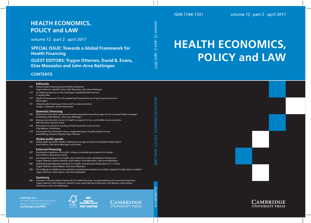 HEALTH ECONOMICS, POLICY and LAW April 2017