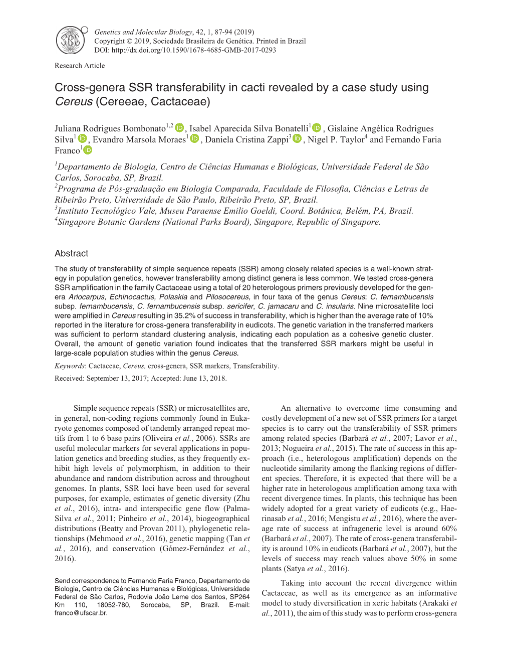 Cross-Genera SSR Transferability in Cacti Revealed by a Case Study Using Cereus (Cereeae, Cactaceae)