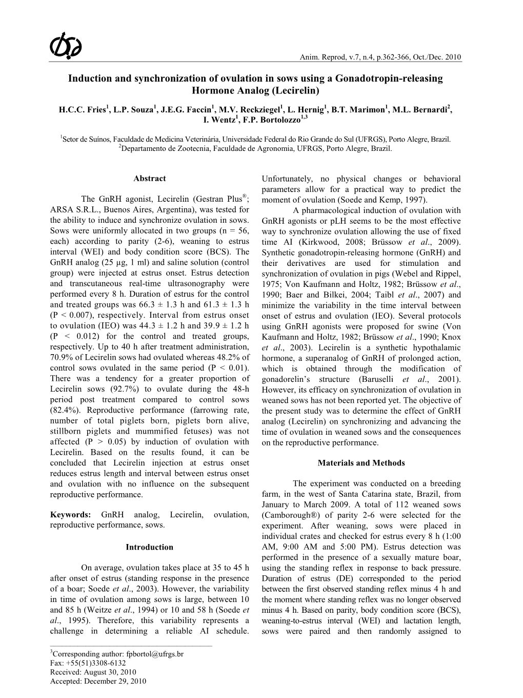 Induction and Synchronization of Ovulation in Sows Using a Gonadotropin-Releasing Hormone Analog (Lecirelin)