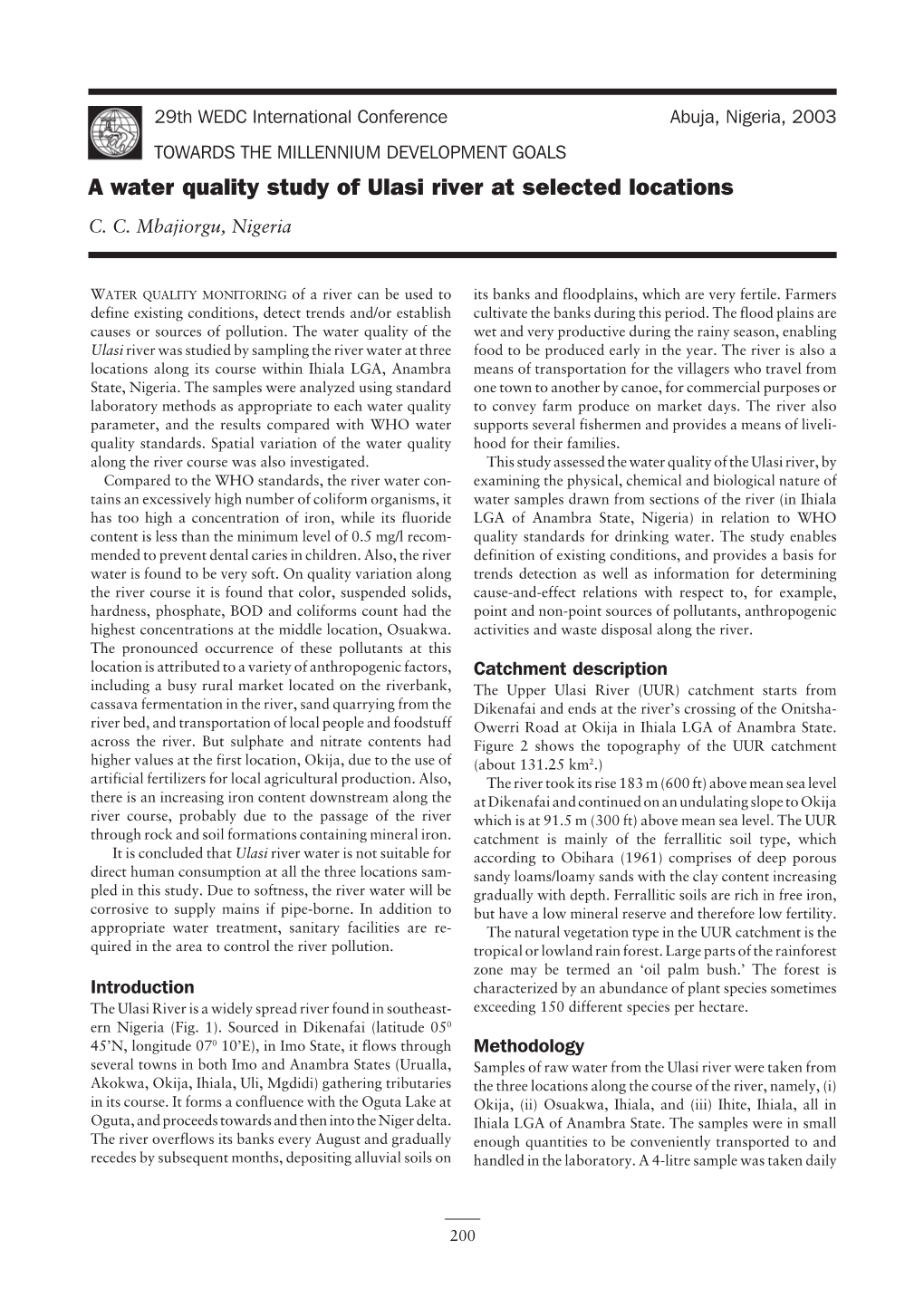 A Water Quality Study of Ulasi River at Selected Locations C