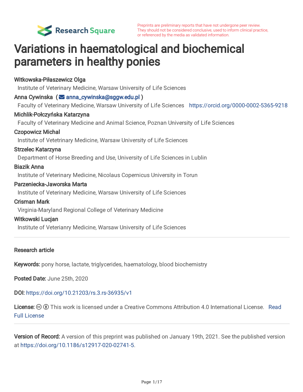 Variations in Haematological and Biochemical Parameters in Healthy Ponies