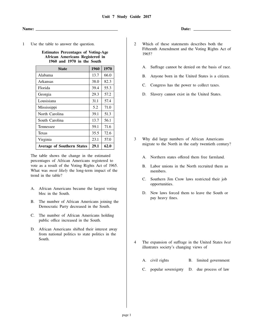 Unit 7 Study Guide 2017 Name: Date: 1 Use the Table to Answer The