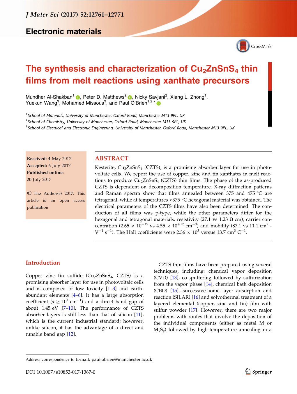 The Synthesis and Characterization of Cu2znsns4 Thin Films from Melt Reactions Using Xanthate Precursors