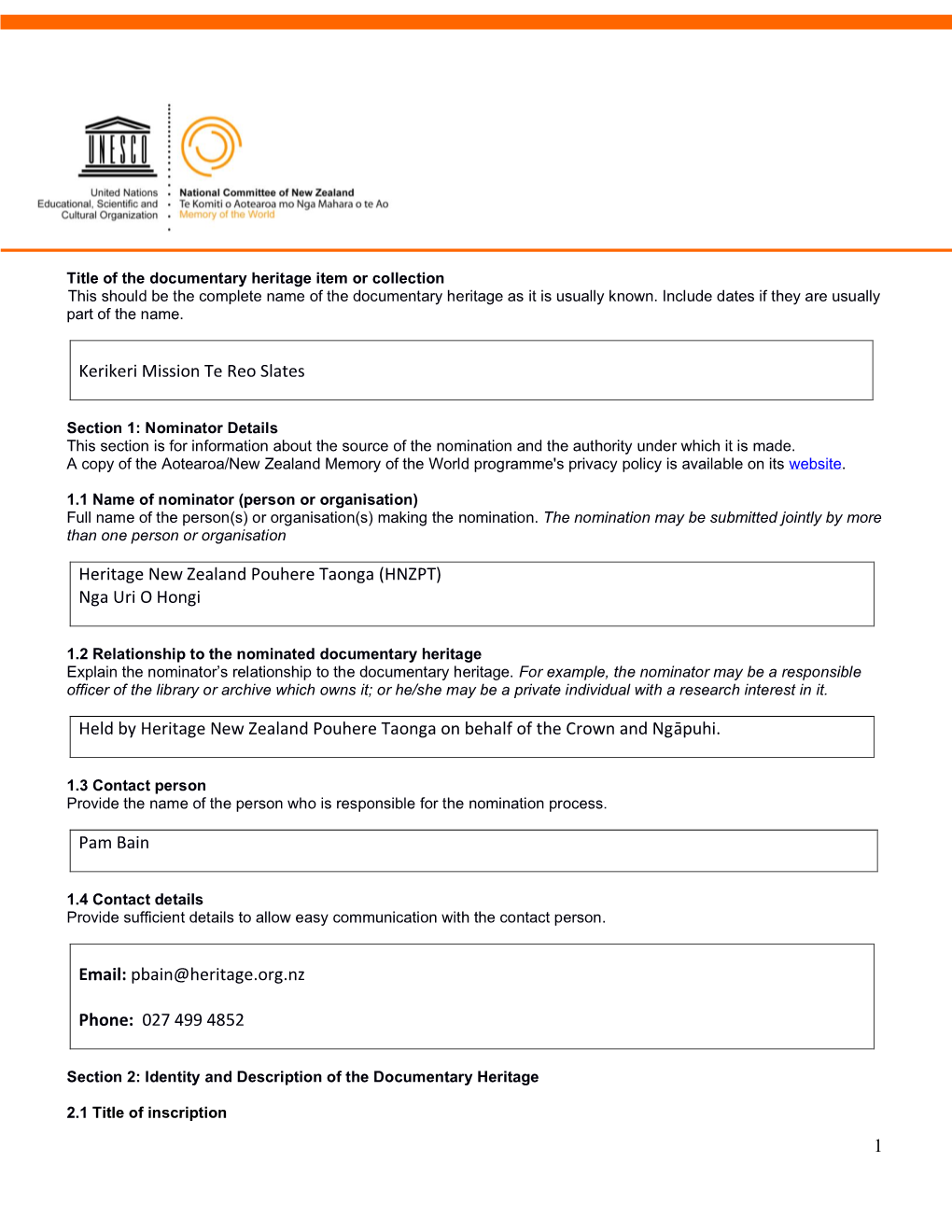 Components of the Nomination Form