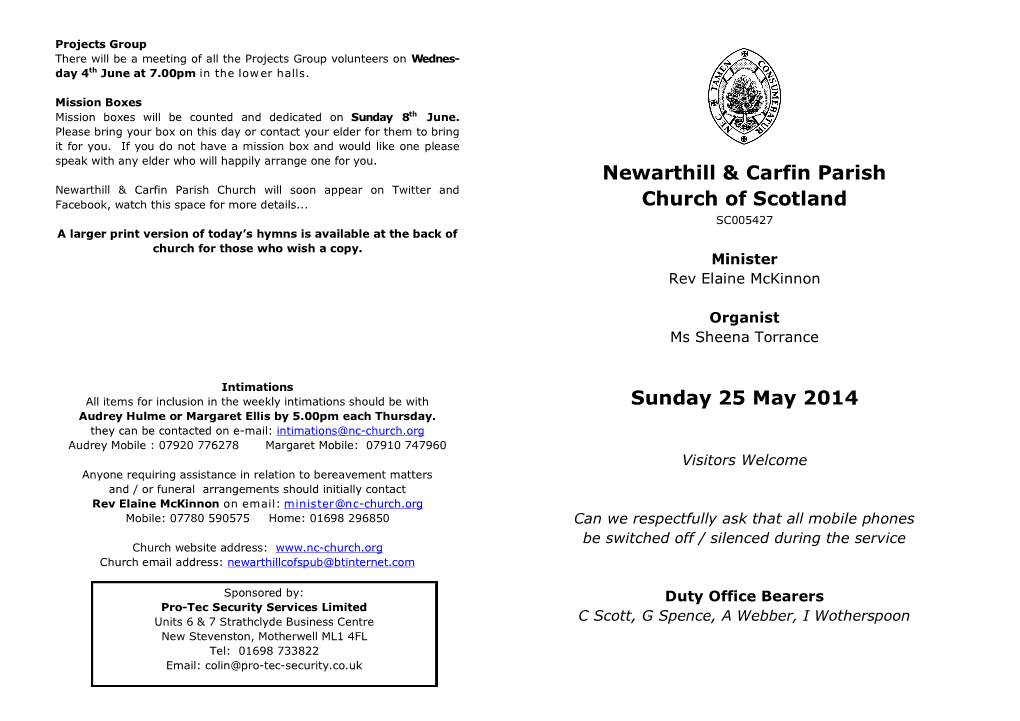 Newarthill & Carfin Parish Church of Scotland Sunday 25 May 2014