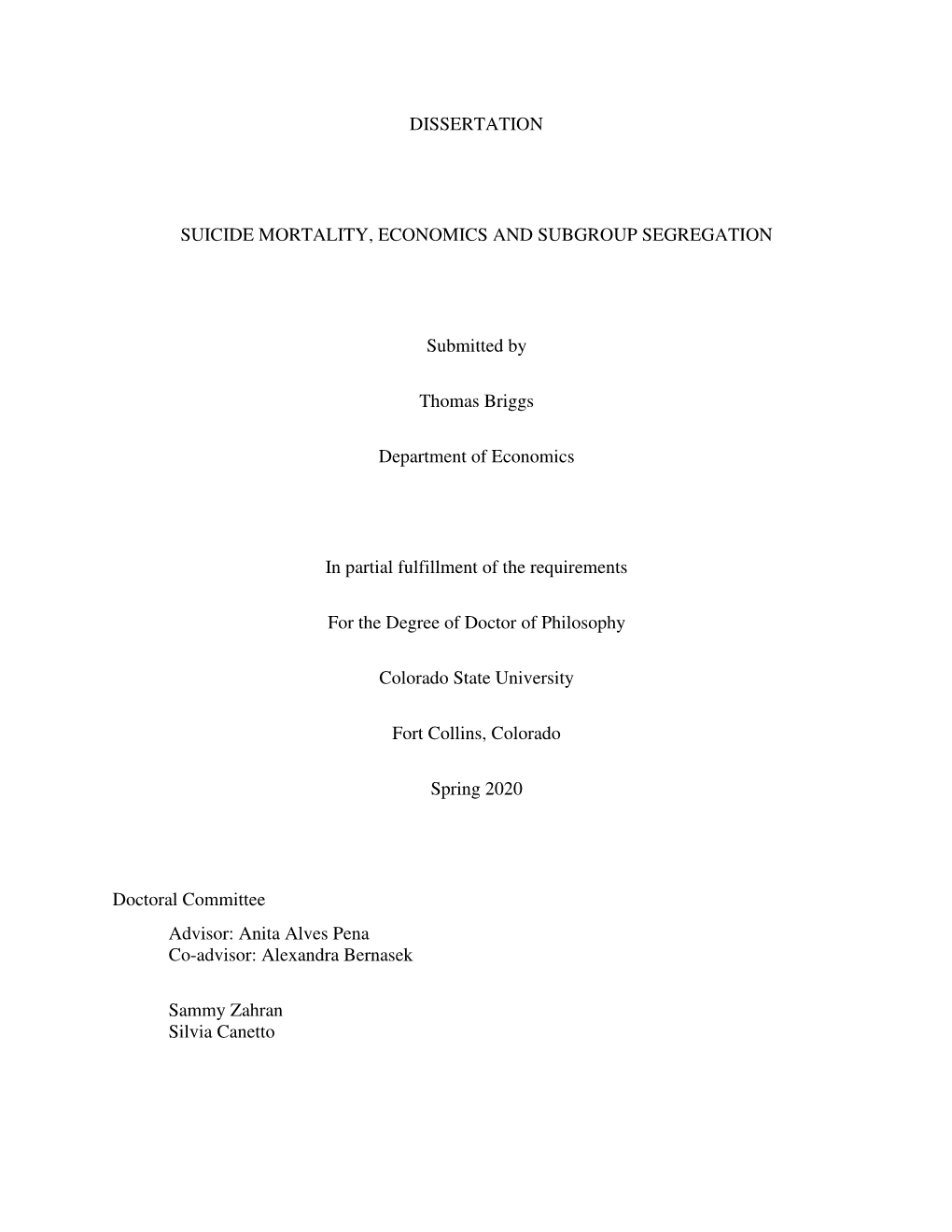 Dissertation Suicide Mortality, Economics And