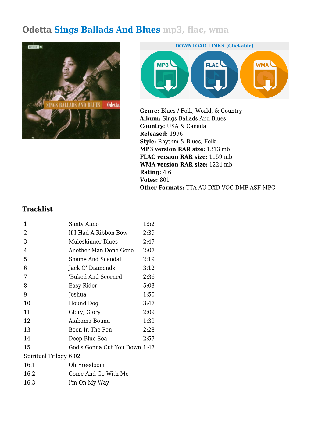 Odetta Sings Ballads and Blues Mp3, Flac, Wma