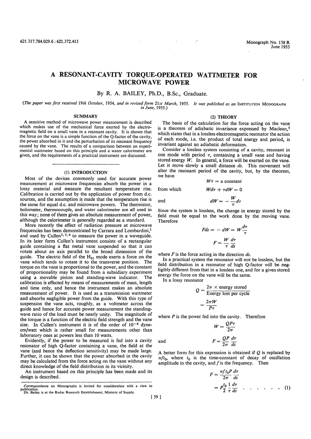 A RESONANT-CAVITY TORQUE-OPERATED WATTMETER for MICROWAVE POWER by R