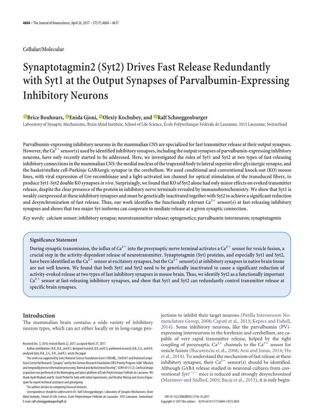 Syt2) Drives Fast Release Redundantly with Syt1 at the Output Synapses of Parvalbumin-Expressing Inhibitory Neurons