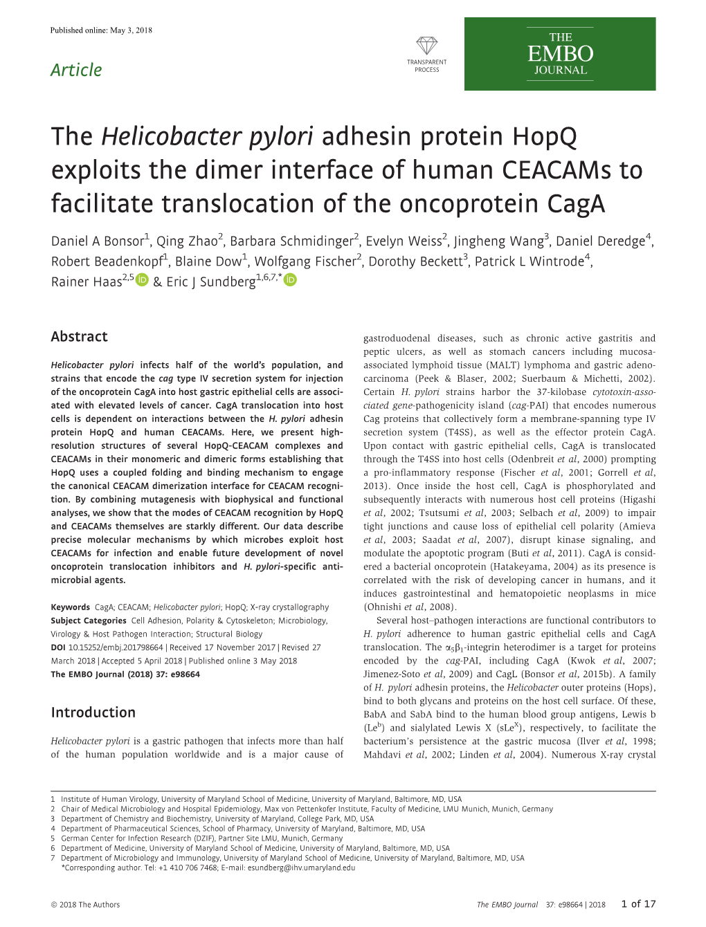 The Helicobacter Pylori Adhesin Protein Hopq Exploits the Dimer Interface of Human Ceacams to Facilitate Translocation of the Oncoprotein Caga