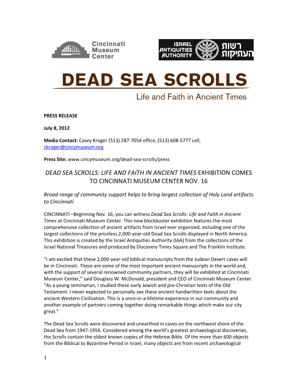 Dead Sea Scrolls: Life and Faith in Ancient Times Exhibition Comes to Cincinnati Museum Center Nov