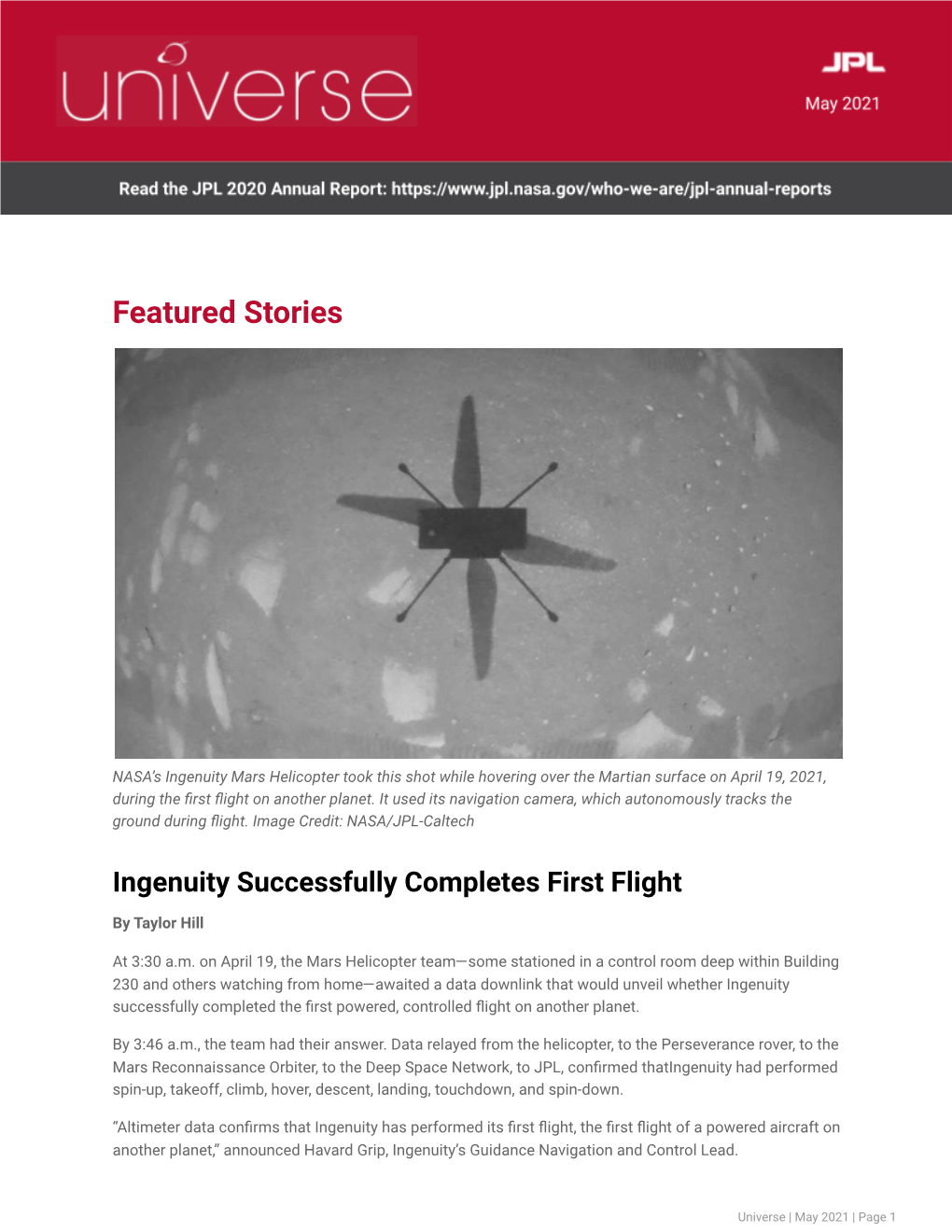 May 2021 | Page 1 Watch the Frst Video of Ingenuity in Fight, Including Takeoff and Landing