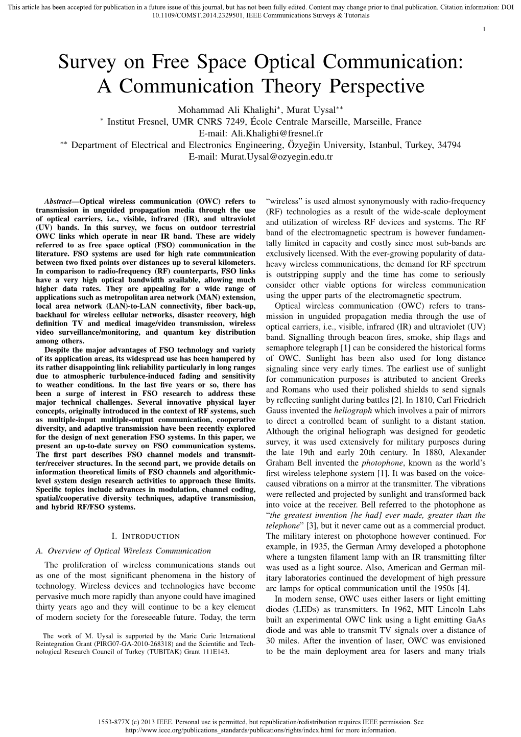 Survey on Free Space Optical Communication