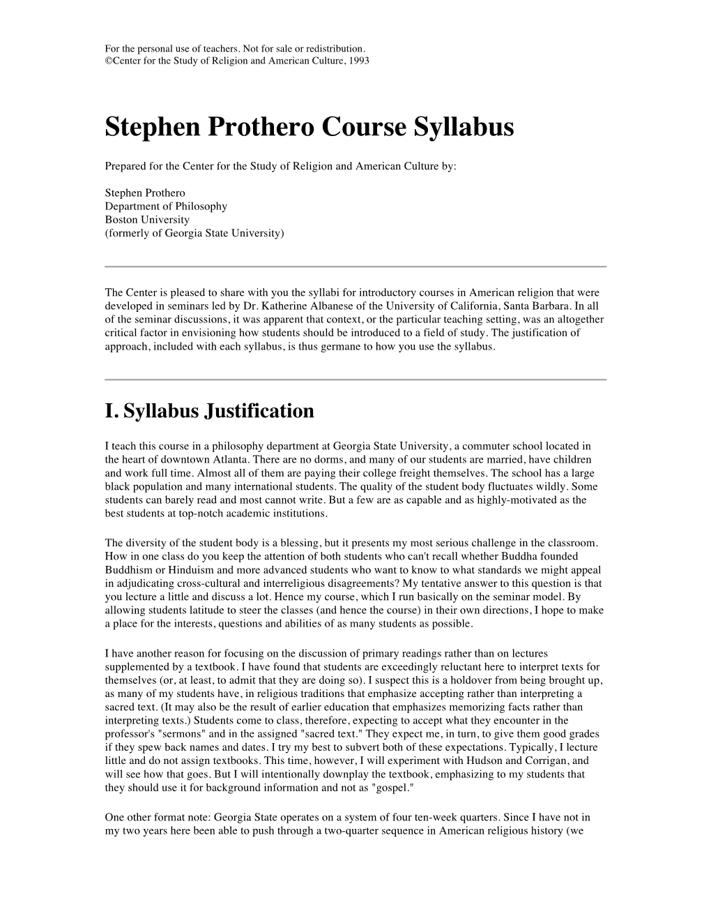 Stephen Prothero Course Syllabus
