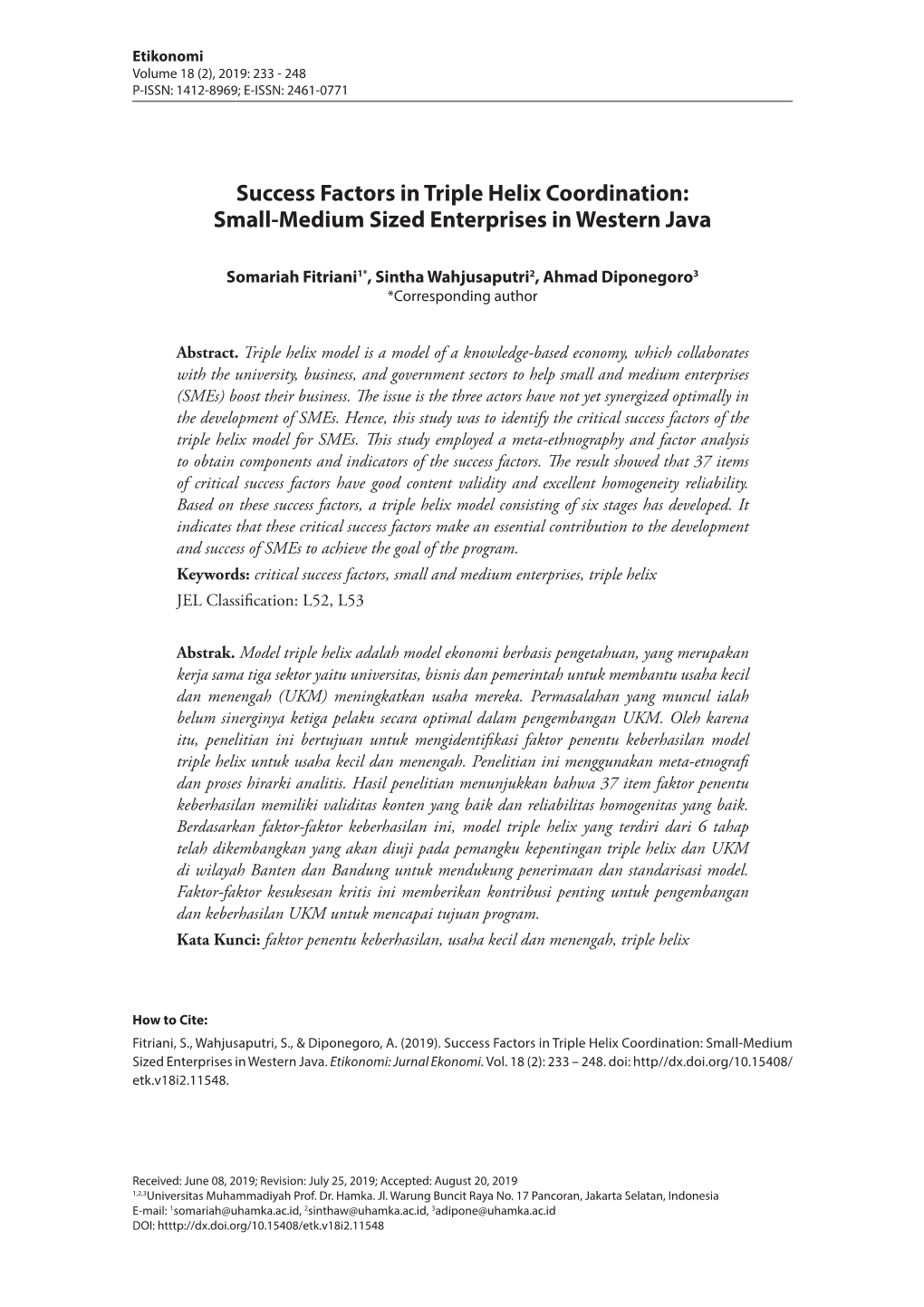 Success Factors in Triple Helix Coordination: Small-Medium Sized Enterprises in Western Java