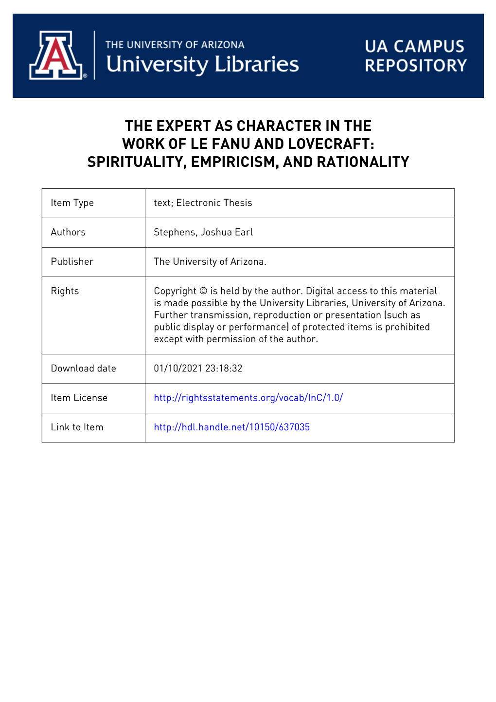 The Expert As Character in the Work of Le Fanu and Lovecraft: Spirituality, Empiricism, and Rationality