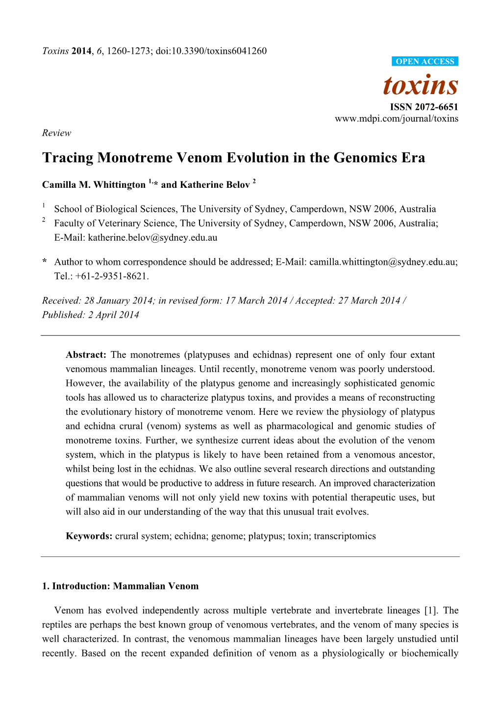 Tracing Monotreme Venom Evolution in the Genomics Era