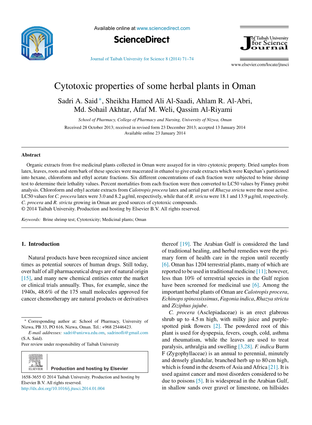 Cytotoxic Properties of Some Herbal Plants in Oman