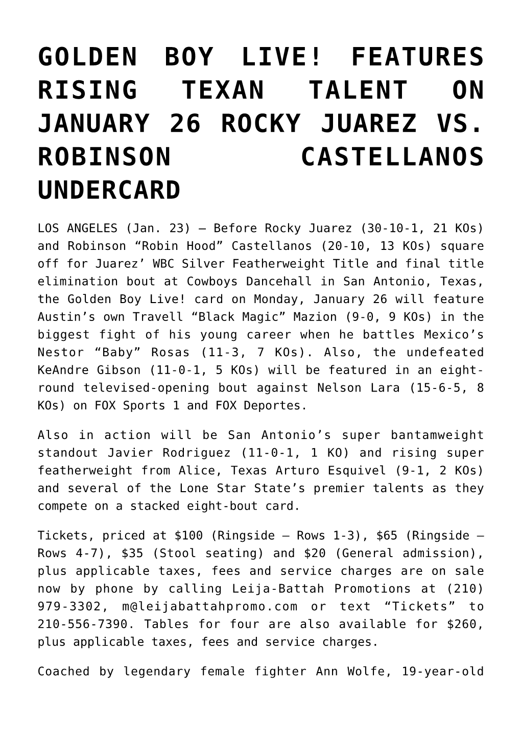 Golden Boy Live! Features Rising Texan Talent on January 26 Rocky Juarez Vs