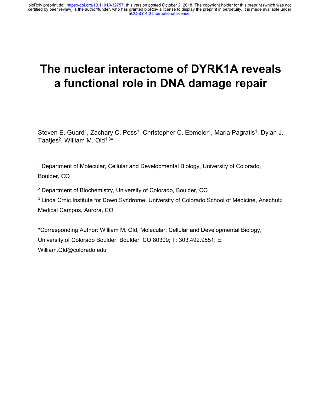 The Nuclear Interactome of DYRK1A Reveals a Functional Role in DNA Damage Repair