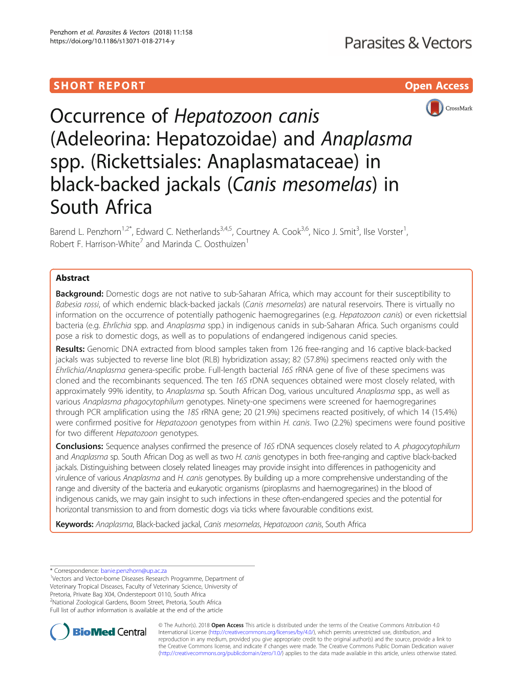 Occurrence of Hepatozoon Canis (Adeleorina: Hepatozoidae) and Anaplasma Spp