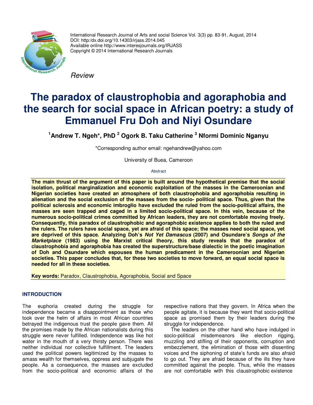 The Paradox of Claustrophobia and Agoraphobia and the Search for Social Space in African Poetry: a Study of Emmanuel Fru Doh and Niyi Osundare