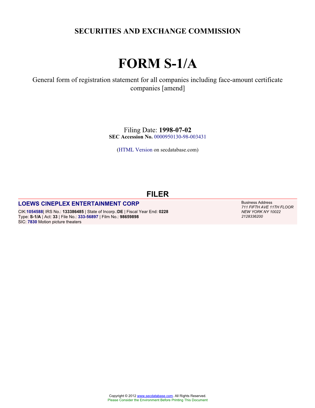 LOEWS CINEPLEX ENTERTAINMENT CORP (Form: S