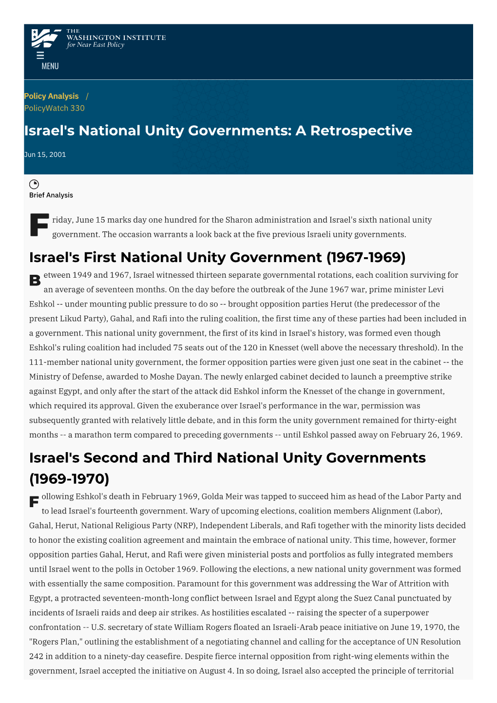 Israel's National Unity Governments: a Retrospective | the Washington Institute