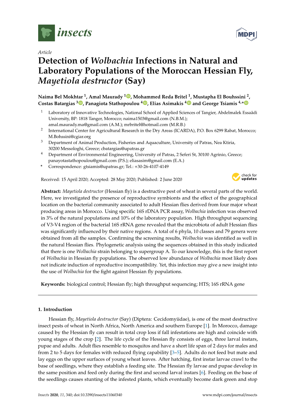 Detection of Wolbachia Infections in Natural and Laboratory Populations of the Moroccan Hessian Fly, Mayetiola Destructor (Say)