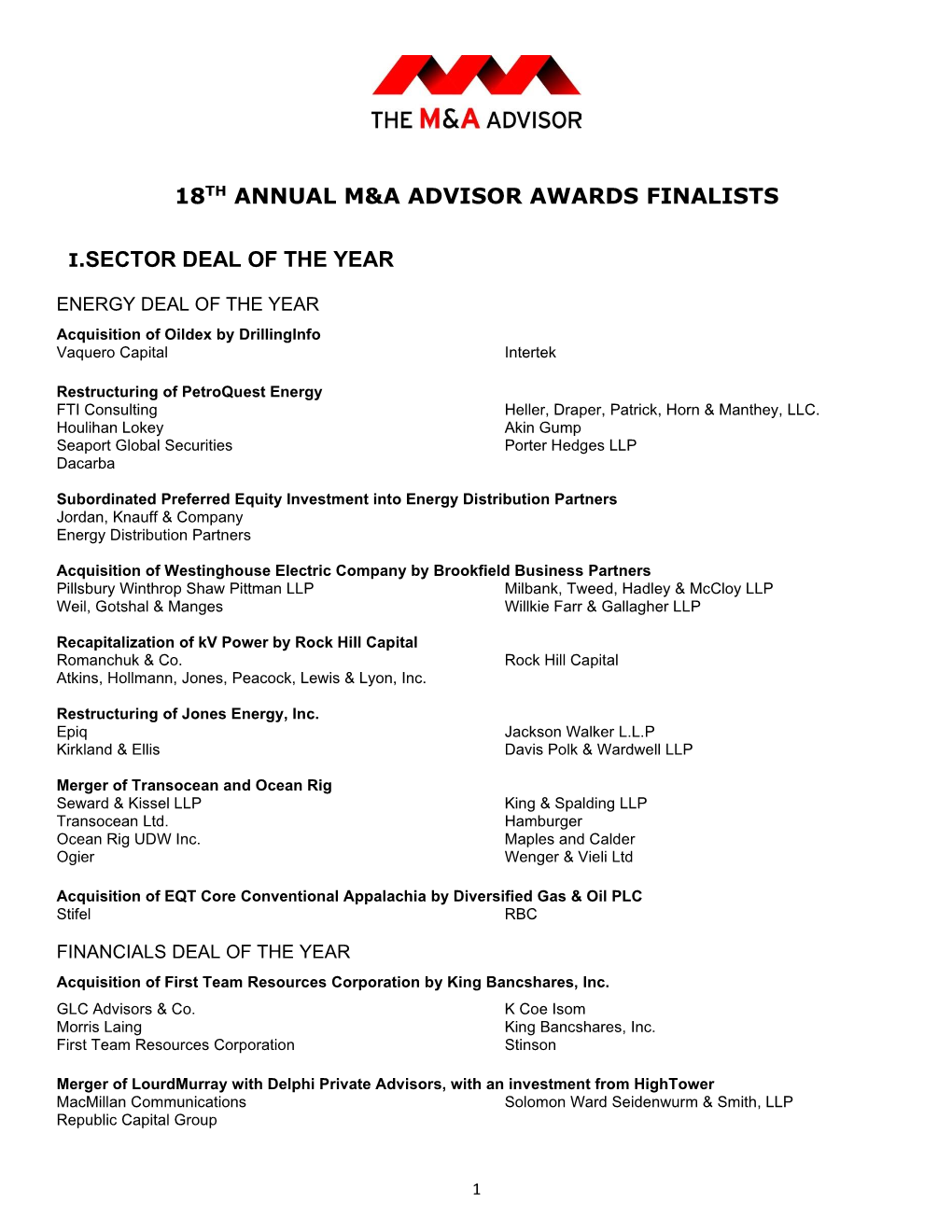 18Th Annual M&A Advisor Awards Finalists I.Sector