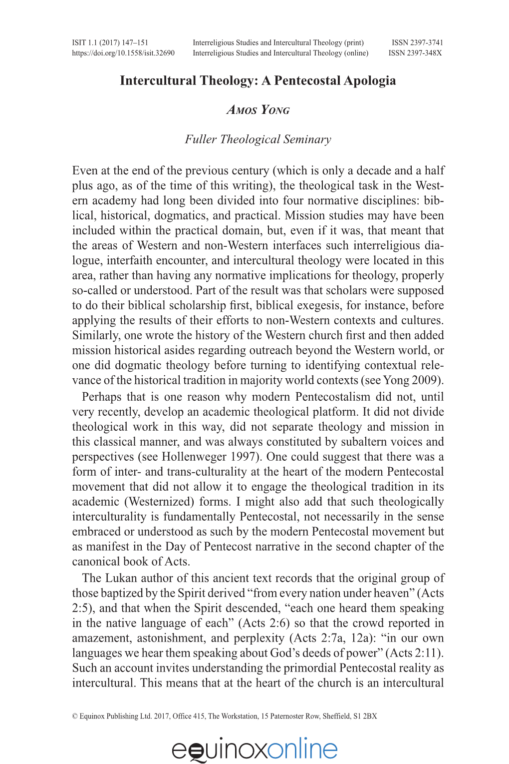 Intercultural Theology: a Pentecostal Apologia