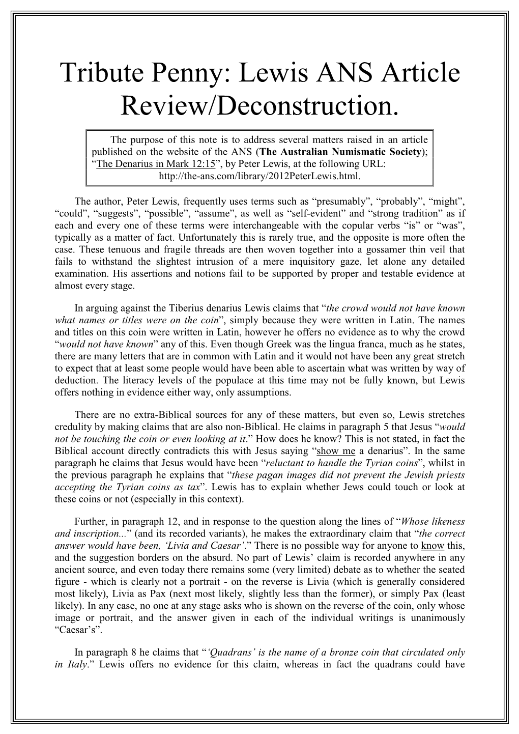 Tribute Penny: Lewis ANS Article Review/Deconstruction