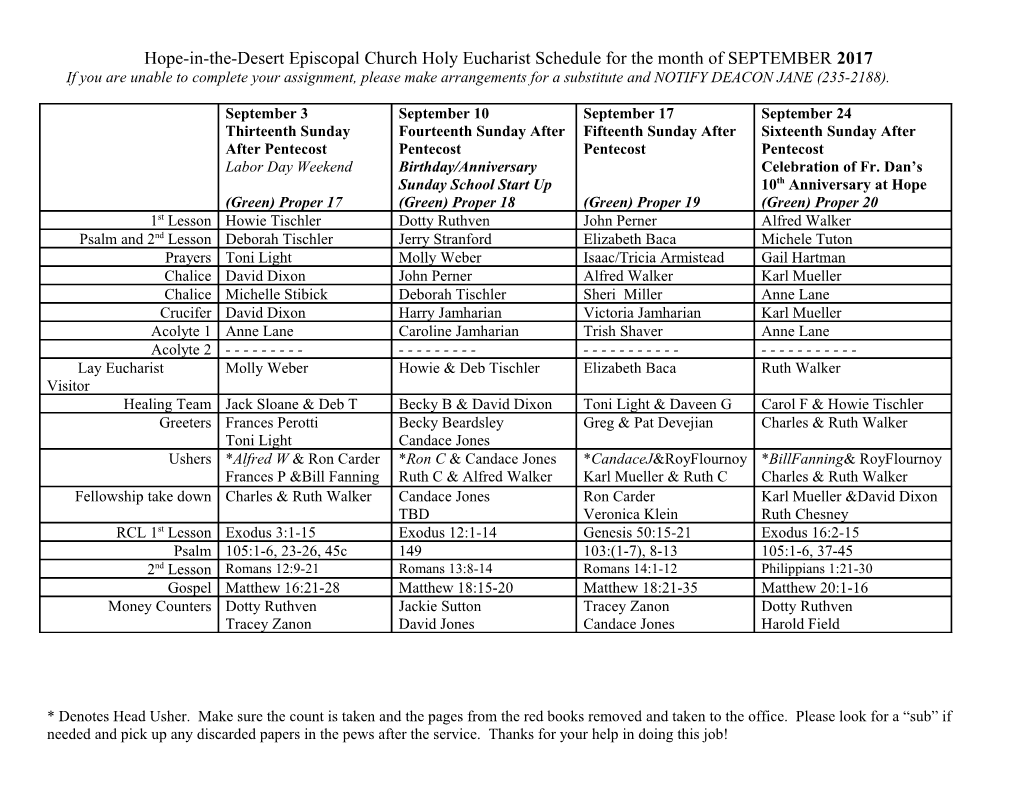 Hope Episcopal Church Holy Eucharist Schedule for the Month of August, 2005