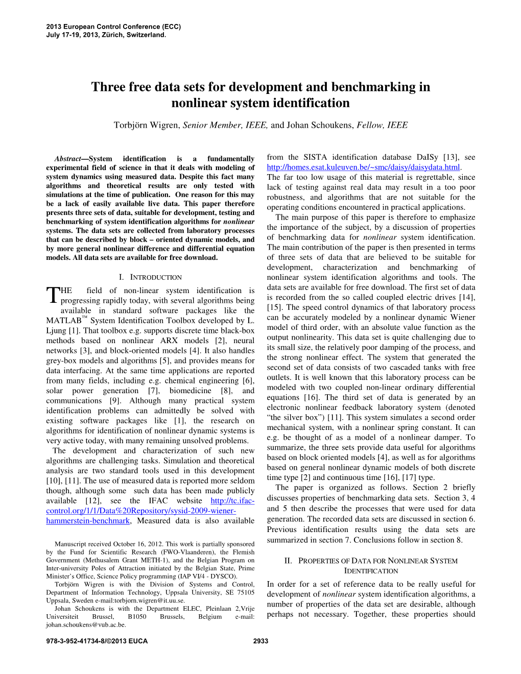 Three Free Data Sets for Development and Benchmarking in Nonlinear System Identification