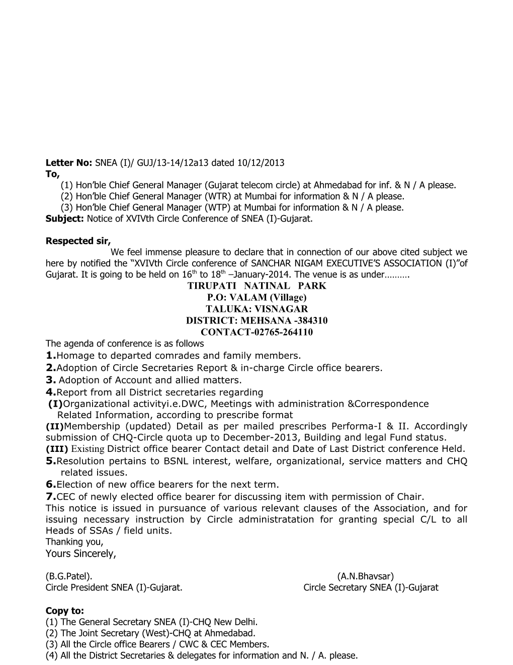 Letter No: SNEA (I)/ GUJ/13-14/12A13 Dated 10/12/2013