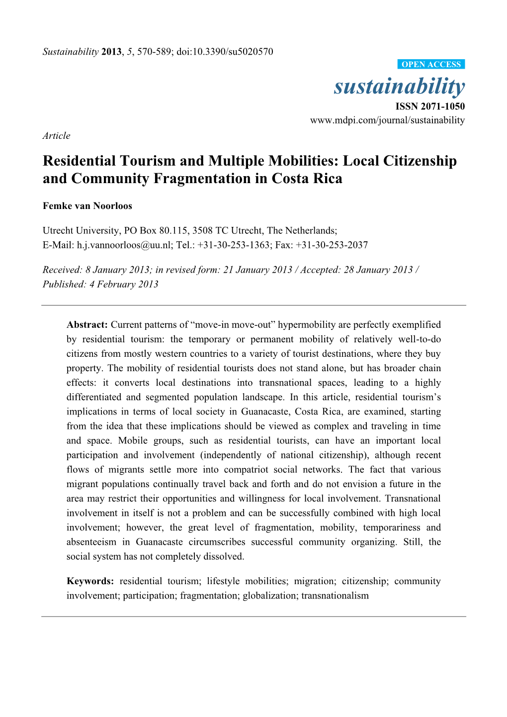 Residential Tourism and Multiple Mobilities: Local Citizenship and Community Fragmentation in Costa Rica