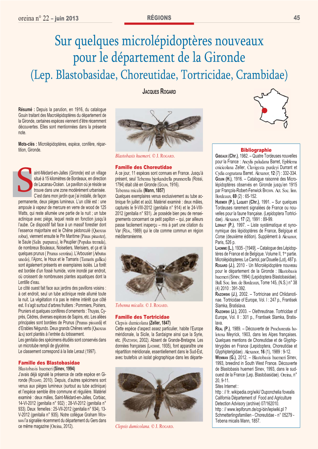 Sur Quelques Microlépidoptères Nouveaux Pour Le Département De La Gironde (Lep